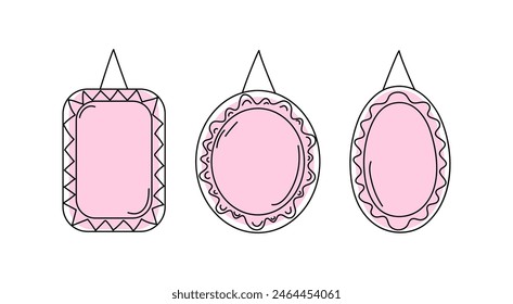Cartoon empty frames, borders. Simple linear icons. Doodle, hand drawn collection of templates, backgrounds for text design. Congratulatory or wedding frames. Vector layouts, space for text, photos.