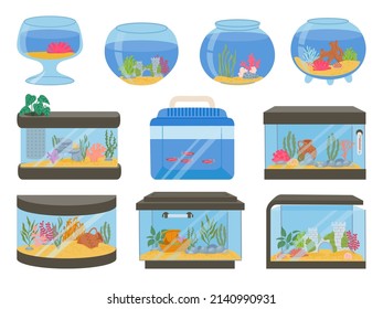 Cartoon empty glass aquarium tanks with decorations, sand and plants. Square and sphere fish bowls and container. Home aquariums vector set. Exotic algae, seaweeds and corals underwater