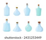 Cartoon empty glass bottles. Game vial for magic potion, wine water spirit drink or chemical liquid, ancient clear bottle with wooden cork for wizard vector illustration of vial alchemy bottle