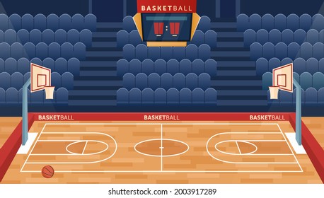 Cartoon empty hall field to play basketball team game, hoop for balls and seats for fan sector spectators, timer scoreboard indoor sport playground. Basketball court arena stadium vector illustration.