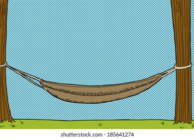 Cartoon of empty hammock between two trees