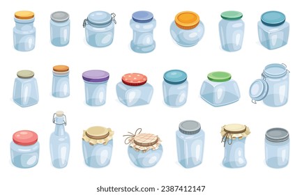 Cartoon empty jars. Kitchen glass mason jar with screw lid for seasonings or preserved food, jam bank pots cooking canning meal glassware container set neoteric vector illustration empty glass jar