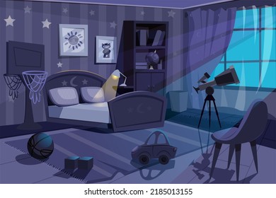 Cartoon Empty Kid Boy Bedroom At Night. Dark Room Interior With Chair, Bed With Pillows, Bookshelf, Window And Glowing Lamp. Child Home Place Indoor With Basketball Hoop, Telescope And Toys On Carpet.