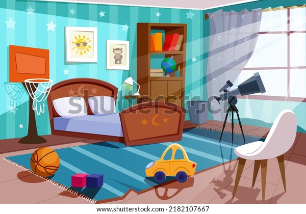 Cartoon empty kid boy bedroom in blue colors with\
bed, chair, bookshelf, pictures on wall and wide window. Child room\
indoors interior with telescope, basketball hoop, car toy and ball\
on carpet.