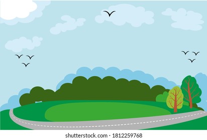 Cartoon empty landscape with a hill and a road. vector background. flat children s style