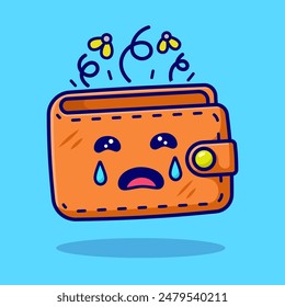 cartoon Empty leather chocolate or brown colored wallet with fly flying out of it.