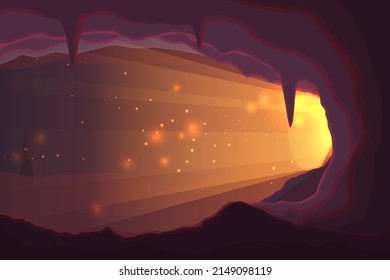 Caricatura vacía la caverna mágica en la montaña o en la roca. Escondido, fabuloso lugar secreto para la aventura del viajero. Piedra en el interior, hadas o gnomos en el hogar, paisaje vector de cuento