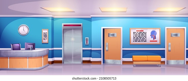 Cartoon empty medical clinic hall with reception desk and elevator. Hospital corridor interior with lift and sofa vector cartoon illustration. Waiting hallway or lobby with chairs and doors to wards.