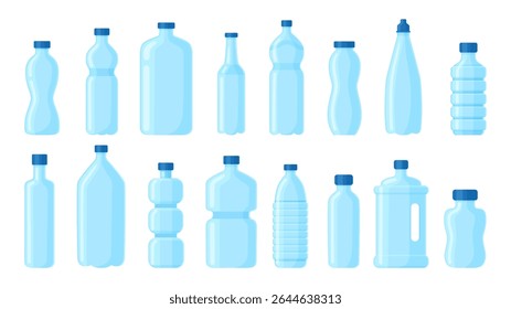 Cartoon empty plastic bottles. Containers for liquids, drinking and technical water. Aqua packaging shapes, beverages package, neoteric vector set