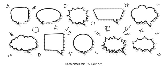 Cartoon empty retro comic style speech bubbles set with black halftone shadows. Hand drawn pop art, vintage speech clouds, thinking bubbles, and conversation text elements. Vector illustration