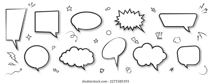 Cartoon empty retro comic style speech bubbles set with black halftone shadows. Hand drawn pop art, vintage speech clouds, thinking bubbles, and conversation text elements. Vector illustration