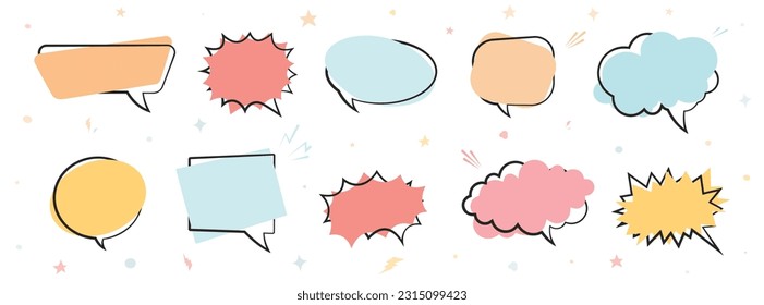 Cartoon empty retro comic style speech bubbles set in pastel colors. Hand drawn pop art, vintage speech clouds, thinking bubbles, and conversation text elements. Vector illustration