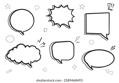 Cartoon empty retro comic style speech bubbles set with thin line shadows. Hand-drawn pop art, vintage speech clouds, thinking bubbles, and conversation text elements. Vector illustration