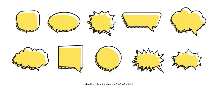 Cartoon empty retro comic style speech bubbles set in pastel colors. Hand drawn pop art, vintage speech clouds, thinking bubbles, and conversation text elements. Vector illustration