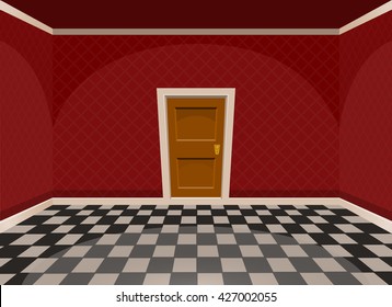 Cartoon Empty Room With A Door In Red Style. Vector Illustration