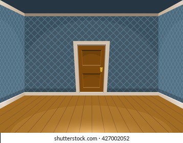 Cartoon Empty Room With A Door In Vintage Style. Vector Illustration