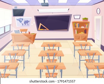 Cartoon empty school classroom with chalkboard and desks. Education concept illustration, college or university classroom. Vector illustraton