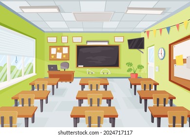 Cartoon empty school classroom interior with desks and chalkboard. Elementary class with furniture teacher table, blackboard vector illustration. Clock and boards for notes hanging on walls