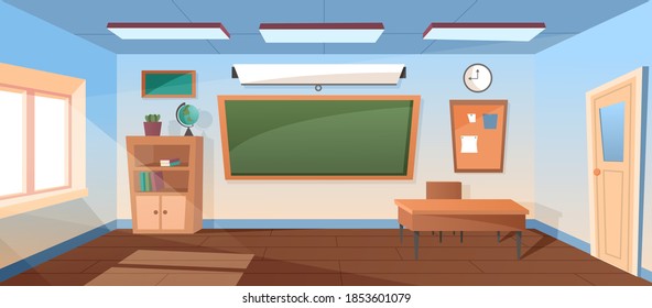 Cartoon empty school classroom. Empty school classroom room interior blackboard desk. Educational concept, school or college classroom. Pupils and teacher in the class. Vector illustration