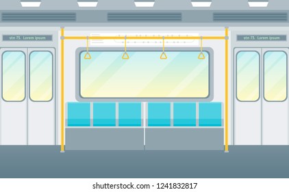 Cartoon Empty Subway Train Card Poster Underground Transport Concept Flat Design Style For Ad. Vector Illustration Of Metro Transportation