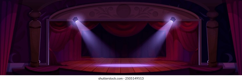 Cartoon empty theatre stage with red open velvet curtain and spotlights. Vector illustration of dark opera, concert or stand up scene for presentation and performance. Auditorium podium design.