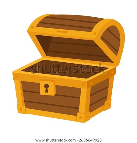 Cartoon empty treasure chest made of wood and gold elements. Perfect for pirate games, adventure designs, or children’s books.