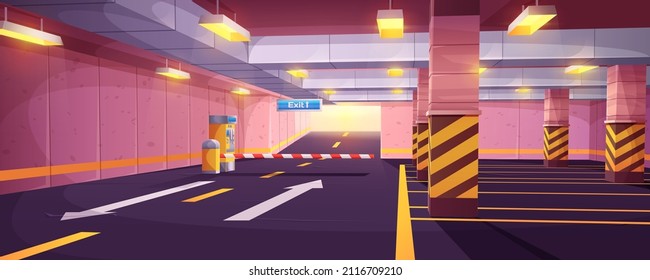 Caricatura vacía bajo tierra con barrera a la salida y sistema de pago de estacionamiento. Interior interior de garaje en el centro comercial de la ciudad con marcado de carretera, plazas de estacionamiento, columnas y flechas guía en el piso.