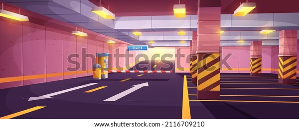 Cartoon empty underground with barrier to exit and\
car parking payment system. Indoor interior of garage in city\
shopping mall with marking road, auto park places, columns and\
guiding arrows on\
floor.