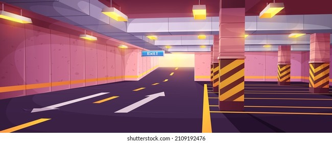 Cartoon leere Tiefgarage. Inneres Inneres der Garage im Einkaufszentrum der Stadt. Untergeschoss mit markierender Straße, Parkplätze, Säulen, Wegweiser und Führungspfeile auf Betonboden.
