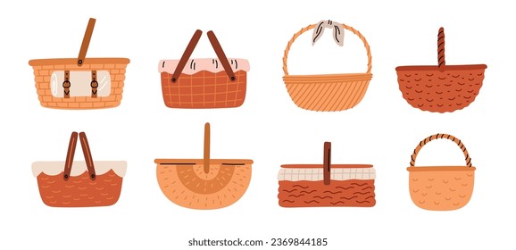 Cartoon empty wicker baskets. Handmade picnic hampers. Decorative panniers for products. Lunch in park on grass. Wickerwork container with napkin. Camping straw box