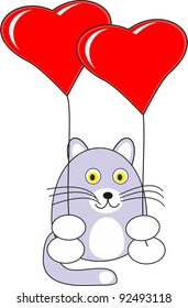 Cartoon enamored baby cat toy with red heart balloons in love - vector isolated illustration,  white background