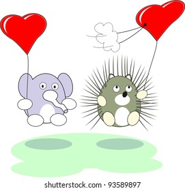 Cartoon enamored baby elephant and hedgehog toy with red heart balloons in love - vector isolated illustration,  white background