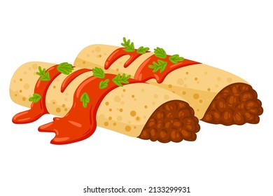 Cartoon Enchiladas Mexican food vector illustration. Traditional Mexican Cuisine. Enchiladas with sauce isolated on white background.