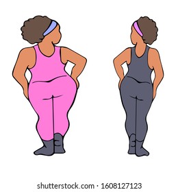  cartoon energetic women doing sports. isolated on white background. motivation for losing weight. thick and thin girls stand in pose.healthy lifestyle.vector illustration