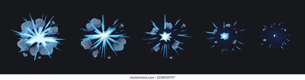 Cartoon energy explosion animation. Glowing burst effect sequence with dynamic smoke clouds, lightning sparks and blue energy blasts. Futuristic impact visual vector illustration.