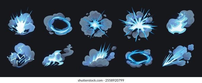 Cartoon energy explosion effects. Glowing bursts with dynamic smoke clouds, lightning sparks and energy blasts. Impact futuristic explosions for gaming visuals isolated vector set.