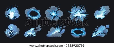 Cartoon energy explosion effects. Glowing bursts with dynamic smoke clouds, lightning sparks and energy blasts. Impact futuristic explosions for gaming visuals isolated vector set.