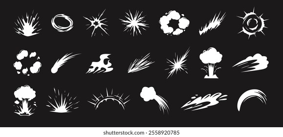 Cartoon energy explosion shapes. Dynamic blast waves with smoke clouds, fire flames, sparks and impact bursts. Energetic explosions visual effects silhouettes vector set.