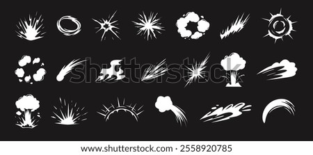 Cartoon energy explosion shapes. Dynamic blast waves with smoke clouds, fire flames, sparks and impact bursts. Energetic explosions visual effects silhouettes vector set.