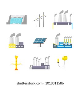 Cartoon Energy Generation Color Icons Set Renewable Environmental Resources Alternative and Traditional Include of Sun Panel, Wind and Nuclear Station Flat Style Design. Vector illustration