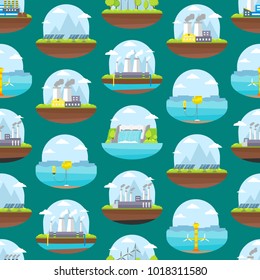 Cartoon Energy Generation Seamless Pattern Background Renewable Environmental Resources Alternative and Traditional Include of Sun Panel, Wind Flat Style Design. Vector illustration