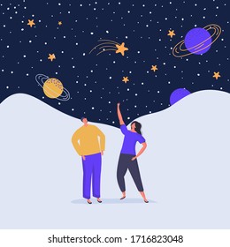 Cartoon energy group of people in casual cloth watching the stars and full moon, vector illustration. Couple looking at night sky, romantic background nature. Man and woman spend time together outdoor