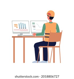 Cartoon engineer or construction worker looking at computer screens - cartoon man in builder uniform using technology to study diagrams. Vector illustration.