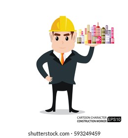 Cartoon engineer holding building to offer for sale.