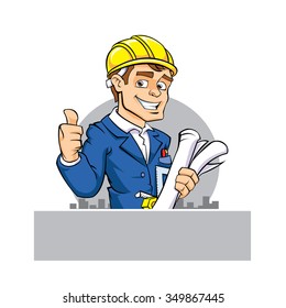 cartoon engineer holding tool and paper