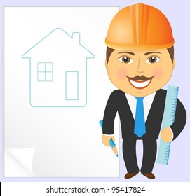 cartoon engineer with house project, pencil and ruler