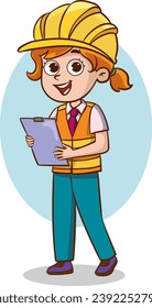 Cartoon engineer kid holding a clipboard and smiling. Vector illustration.