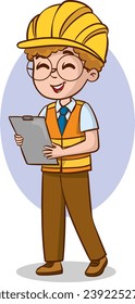 Cartoon engineer kid holding a clipboard and smiling. Vector illustration.