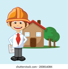 Cartoon engineer near the house 