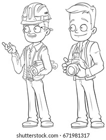 Cartoon engineer and photographer black and white character vector set for coloring